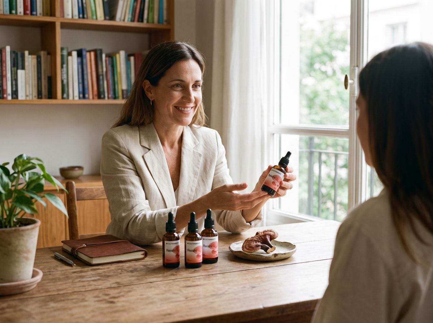 Profesional de la salud mostrando un extracto Cultivamente en su consultorio