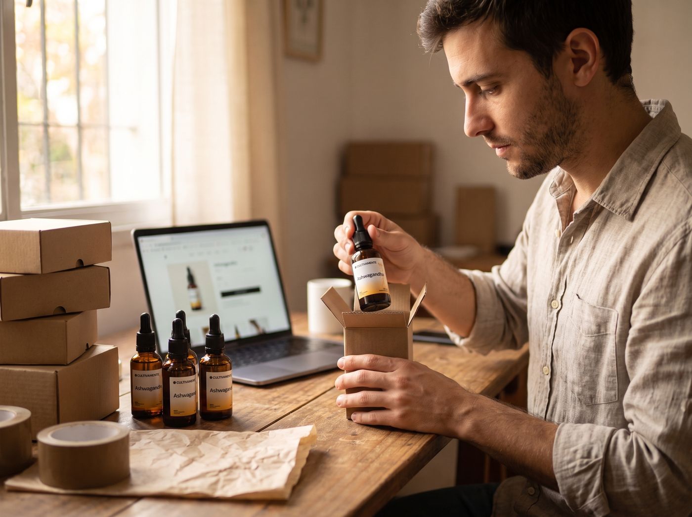 Tienda online preparando un envío de extractos Cultivamente